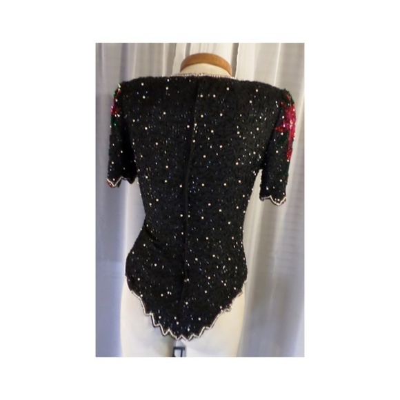 NWT Black Red Gold Silk Bead Sequin Holiday Blouse - Picture 8 of 8